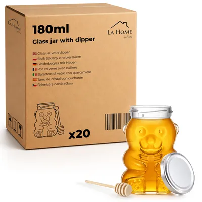 Produktbild von 20x Honigglas Bär 180ml mit Deckel & Honiglöffel