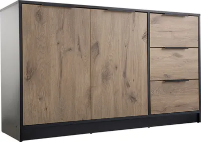Produktbild von MIRJAN24 Kombikommode Lati 2D3S, Highboard mit zwei Drehtüren und drei Schubladen, Metallgriffe in der Farbe Schwarz, 138x41x81 cm (Farbe: Schwarz / Eiche Viking)