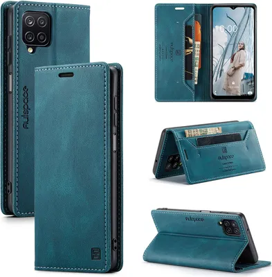 Produktbild von Samsung Galaxy A12 Brieftasche Hülle, Retro Kunstledertasche Stand Schutzhülle für Samsung Galaxy A12 Blau