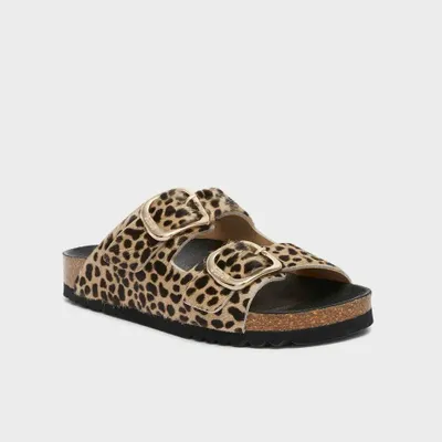 Zdjęcie produktu dla Sandały damskie Scholl, model Ciabatta, z dwiema paskami z skóry, wzór leopard, kolekcja Noelle Leopard, rozmiar 38