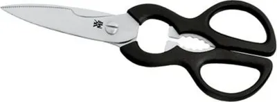 A pair of kitchen scissors with black handles and a silver blade, shown against a white background.