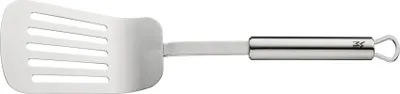 A stainless steel spatula with a handle and a hanging loop, isolated on a white background.