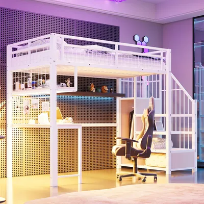 Produktbild von STILVORA Metall-Hochbett 90x200 cm mit LED-Licht & Ladebuchse, Jugendbett mit Stauraumleiter & Kleiderschrank, Multifunktionsbett mit Schreibtisch & Regalen, Weiß
