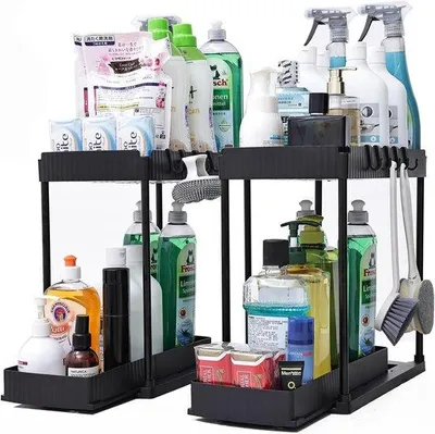 Produktbild von Famanu Organizer unter der Spüle - ausziehbar - 2-stufiger Spülkastenorganizer mit 5 Haken und 2 ausziehbaren Körben - Küchenorganizer und