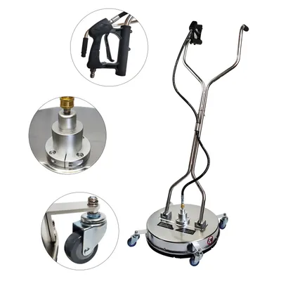 A pressure washer surface cleaner with various components shown in close-up.