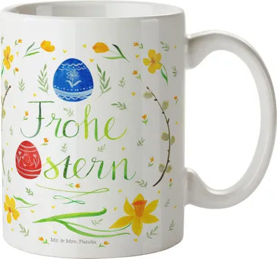 Produktbild von Mr. & Mrs. Panda Teetasse Ostern Frohe Ostern - Weiß - Geschenk, Bedruckte Tasse, Bemalte Ostereier, Ostergrüße, Osterblume, Becher, Trinkbecher, Ostergeschenke Kinder