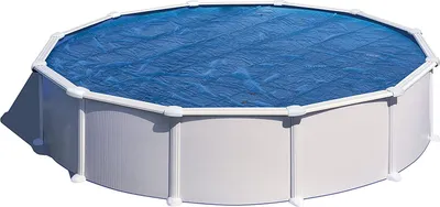 An above-ground swimming pool with a blue cover.