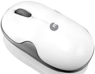 A studio shot of a white wireless mouse with gray accents.