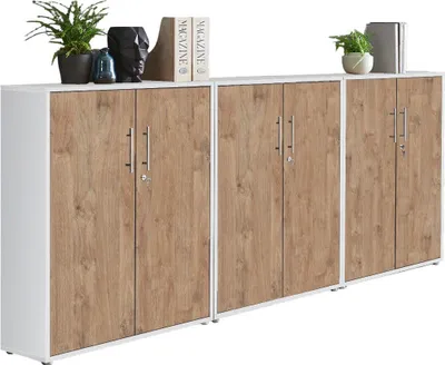 Produktbild von Aktenschrank TABOR 99 in weiß / Gold Harbor Oak, Schrankwand, Büroschrank, abschließbar, Metallgriffe