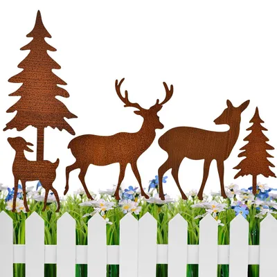 5er Set Rostige Metall-Gartenpfähle mit Hirschen & Tannenbäumen