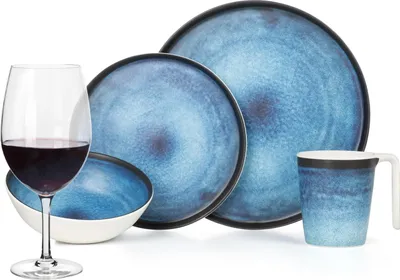 Produktbild von Melamin Camping Geschirr Set 4 Personen Deep Ocean + 4 Tiamo Rotwein Gläser Rot Weingläser Tafelgeschirr Picknick BBQ Kochgeschirr