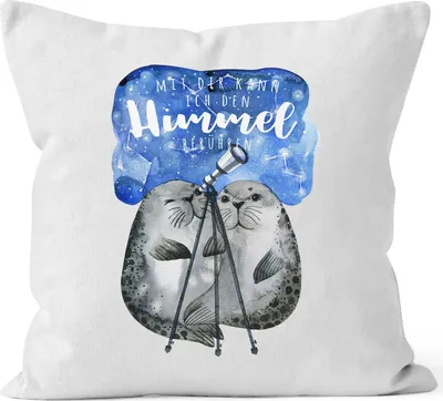 Produktbild von Kissen-Bezug Geschenk Liebe Mit dir kann ich den Himmel berühren Spruch Liebesspruch Seehunde Robben Sterne Kissen-Hülle MoonWorks® weiß unisize