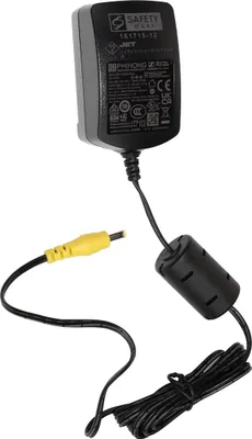 A black power adapter with a yellow connector and a black cable.