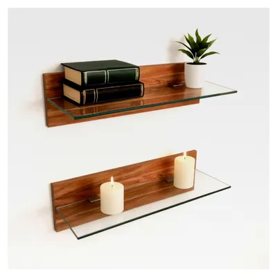 Produktbild von Wandregal - Holzregal mit Glasablage im 2er Set, stabil und hochwertig für Küche, Wohnzimmer, Schlafzimmer, Büro, Flur, Badezimmer