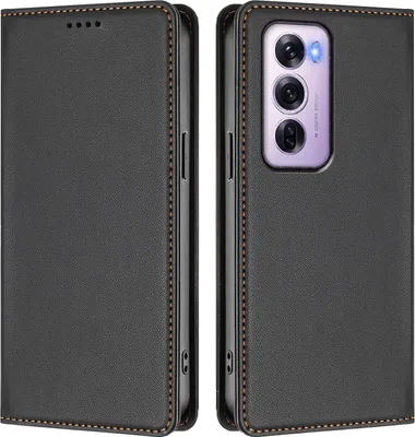 Produktbild von Handyhülle für Oppo Reno12 Pro 5G, Kunstleder Klapphülle Stoßfeste Magnetische Hülle mit Ständer Schwarz