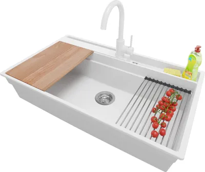 Produktbild von PRIMAGRAN Granitspüle Weiß 88x53cm, Spülbecken 1 Becken + Küchenarmatur 32x20cm + Ablauf-Set + Küchenzubehörset, Küchenspüle ab 90er Unterschrank - Oslo Pocket