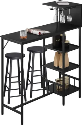 Image de Ensemble de table de bar avec 2 tabourets, 3 étagères et porte-verres à vin | 110 x 40 x 125 cm