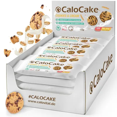 Produktbild von Nahrung hochkalorisch für Gewichtszunahme | Ausdauer- & Energieriegel mit viel Protein & 592 Kalorien | CaloCake 24er Box  (Cookies & Cream)