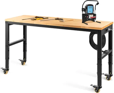 Zdjęcie produktu dla Stół warsztatowy SucceBuy 122x51cm z regulacją wysokości, praktyczny stół warsztatowy z kółkami i gniazdem elektrycznym