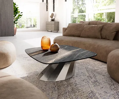 Produktbild von DELIFE Couchtisch Edge Boot 90x90 cm Keramik Laminam® Noir Desir Braun Parabi Edelstahl gebürstet