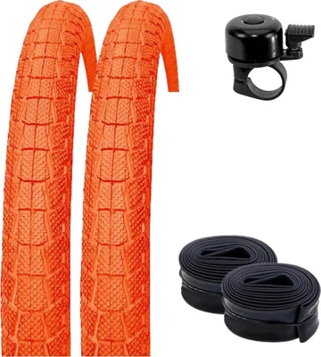 Zdjęcie produktu dla 2 x Kenda K-907 Krackpot 20" opona rowerowa BMX w kolorze pomarańczowym 50-406 (20 x 1,95) + 2 pasujące dętki AV wraz z dzwonkiem rowerowym