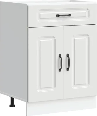 A white kitchen base cabinet with a drawer and two doors, shown from the front.