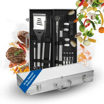 Immagine prodotto di Set di posate da barbecue "Deluxe" - 20 pezzi. Accessori da barbecue in acciaio inossidabile con valigetta inclusa - Accessori da barbecue per uomo - Argento