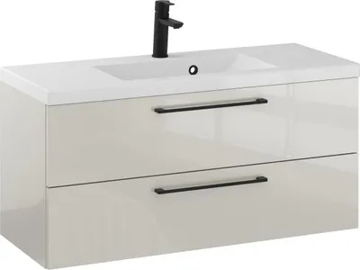 Produktbild von FURNI Waschtischunterschrank RON 100 cm - Kaschmir - Hängender Badschrank mit Mineralguss - Waschbecken - Griffe Schwarz matt - Vormontiert