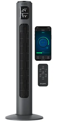 Produktbild von Brandson Turmventilator mit Fernbedienung, WiFi, ECO DC-Motor 35W, App-Steuerung/Sprachbefehl, Timer, Oszillation, Preisträger 2025, extrem leise, 12 Geschwindigkeitsstufen,