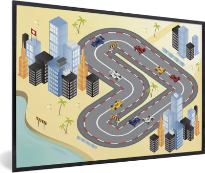 Produktbild von MuchoWow® Gerahmtes Poster Eine fiktive Rennstrecke mit F1-Autos in einer Illustration 60x40 cm - Poster mit Schwarzem Bilderrahmen Wandposter Rahmen Foto Bilder - Printing - Wanddeko Schlafzimmer