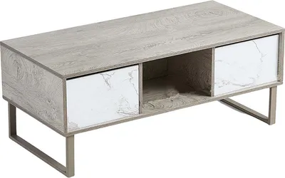 A modern coffee table with a wood-grain finish and white marble-patterned drawer fronts, shown from a three-quarter angle on a white background.