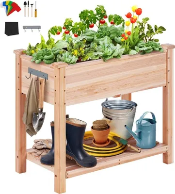 Zdjęcie produktu dla Podniesiona drewniana donica z półką na kwiaty - nośność 75 kg - donica ogrodowa na tarasy - donica ogrodowa na warzywa - 86x46x76 cm - idealna do uprawy warzyw, owoców, ziół.