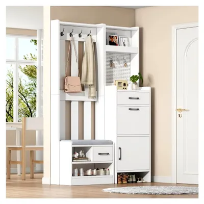 Produktbild von Flur Kleiderständer, Garderobenständer, Bücherregal, 7-in-1 Garderobe mit 7 Haken und 2 Schubladen, 110 x 35 x 175,5 cm
