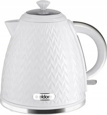 A white electric kettle with a textured surface and a silver handle and base.