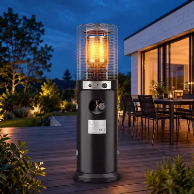 Immagine prodotto di Riscaldatore a gas per esterni ZMH, 10 kW, ideale per terrazze, dimensioni Ø46x136 cm. Dotato di ruote. Riscaldatore per terrazze, con bombola del gas da 15 kg. Stufa a gas con copertura protettiva, adatta per balconi e giardini