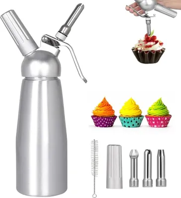 Produktbild von 500ml Sahnespender Edelstahl Schlagsahnebereiter Sahnebereiter Whipped Cream mit Aluminium Körper + 3pcs Edelstahl Düsen