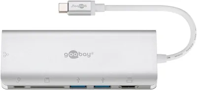 Immagine prodotto di Goobay USB-C Multiport Adapter (HDMI 4k 30 Hz, USB, CR, RJ45, PD), Aluminium, Silver