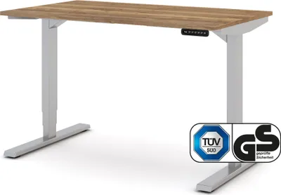 Produktbild von ASSMANN Elektrisch höhenverstellbarer Schreibtisch Y-Line Eiche Tabak Weißaluminium, 120x70cm, Memoryfunktion, Kollisionsschutz, 2-fach-Motorik