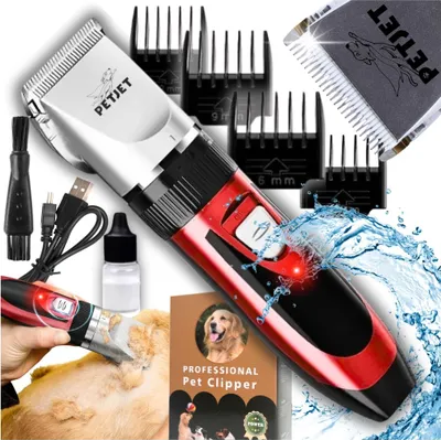 A collage of a pet grooming clipper set with accessories and packaging.