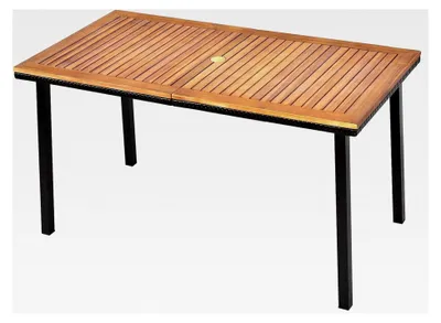 Produktbild von Gartentisch mit Schirmloch, 140x75x76cm, Esstisch für 6-8 Personen, rechteckiger Holztisch mit Metallrahmen