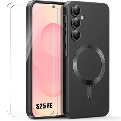 Image de Coque + 2 Verres Trempés pour Samsung Galaxy S25 FE, Protection Silicone avec Anneau Magnétique - Noir