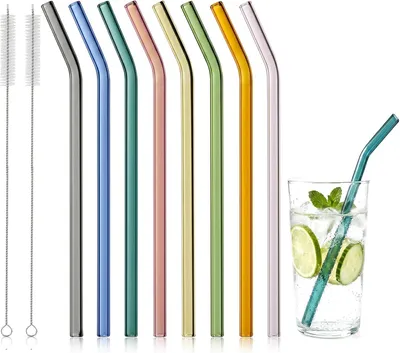 Imagen del producto de Pitillos de vidrio de colores - Juego de 8 - Curvados - Reutilizables - 2 cepillos de limpieza