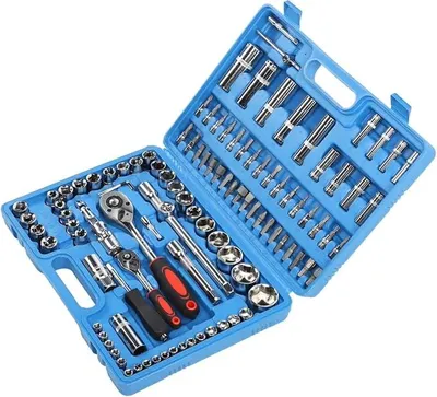 Imagen del producto de Kit de herramientas de 108 piezas: juego de llaves de trinquete y vasos de 1/4 y 1/2 pulgadas, maletín de herramientas y juego de herramientas manuales para reparación de automóviles