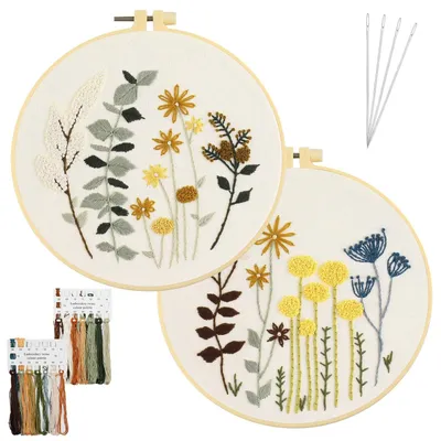 Produktbild von Stickset Anfänger Stickpackung Erwachsene Blumenmotiv - 2 Muster - Stickrahmen, Garn und Nadeln