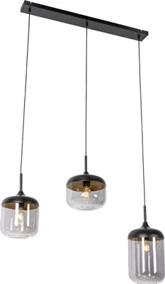 Produktbild von QAZQA - Design Design-Hängelampe I Pendellampe I Pendelleuchte schwarz mit Gold I Messing und Rauchglas 3-flammig - Kyan I Wohnzimmer I Schlafzimmer - Länglich - LED geeignet E27