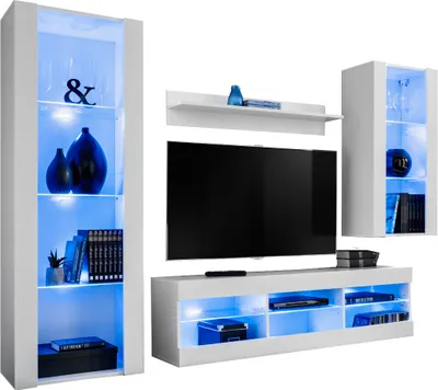 Produktbild von Komodee | Wohnwand mit TV-Schrank und Vitrine Tivoli Set Medio, Korpus Weiß Matt Frontfarbe Weiß Matt, LED Blau