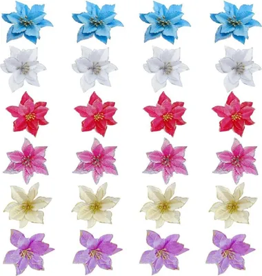Produktbild von 24x Weihnachtsstern Blumen Set Künstlich Glitzer Weihnachtsdeko Rot Gold Blau Rosa