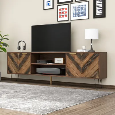 Produktbild von MODFU Lowboard TV-Schrank mit 2 Tür, Lange 157cm Fernsehtisch Wohnzimmerschränke TV-Möbel TV-Regal mit Goldgriffe und Eisenfüße(inklusive 2 offener Fächer)für Fernseher bis zu 70 Zoll für Wohnzimmer, Esszimmer und Schlafzimmer, Holzfarbe