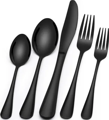 Produktbild von Schwarz Edelstahl Besteckset 6 Personen /30 Teilig, Messer Gabel Löffel Set, Hochglanzpoliert, Spülmaschinenfest