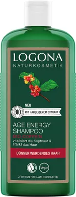 Produktbild von LOGONA Age Energy Shampoo Bio-coffein, 250 ml, Shampoo, Nicht-professionell, Unisex, Dünnes Haar, Anti-Haarausfall, Antischuppen, Feuchtigkeitsspendend, Revitalisierend, Glanz, Glättend, Verstärkung